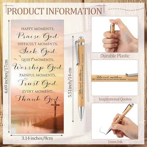 Remuuly Mothers Day Christian Gifts Bulk for Mom God Bless Mothers Leather Heart Bookmarks Bible Verse Bamboo Scripture Pen with Motivational Inspirational Card for Church Activities(60 Set)