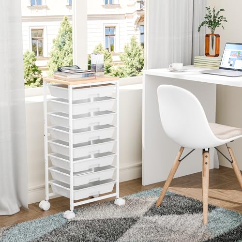 Ekisemio 8-Drawer Rolling Cart with Wooden Top, Locking Wheels — Portable Utility Cart for Home Office Classroom