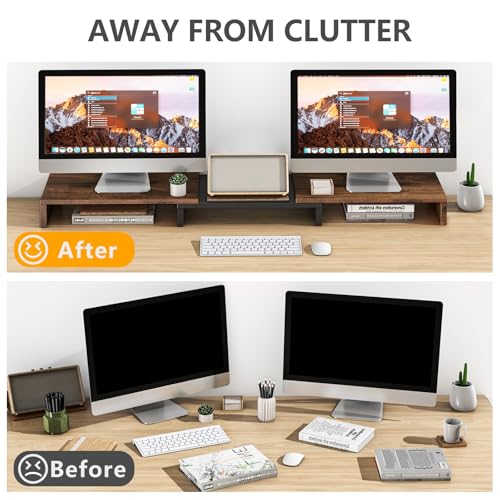 TAVR Dual Monitor Stand Riser, Computer Monitor Stands for 2 Monitors, Extra Long Multifunctional Desktop Organizer Riser for Computer, Laptop, PC, Printer, TV, Max 43.3" Length, Rustic Brown
