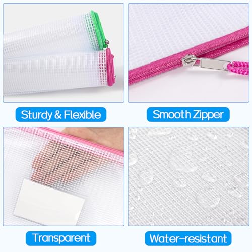 Sooez 20 Pack Mesh Zipper Pouch Bags, A4 Letter Size, Zipper Bags with Label Pocket, Waterproof Pouches for Classroom Organization, Board Game Storage, Document Bag for Teacher School Office Supplies