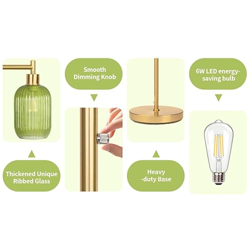 Dimmerable Glass Floor Lamp for Living Room,Modern Standing Lamp with Green Ribbed Glass Lampshade,Gold Plated Tall Lamp for Bedroom Reading Room Office,Dimmer LED Bulb Included.