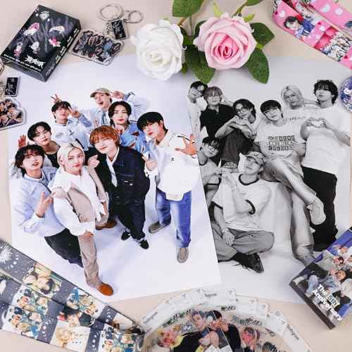 Stray Kids Gifts Set, Including 110 Photocards, 180 Stickers, 1 Drawstring Bag Backpack, 24 Lomo Cards, 3 Design Bracelet, 2 Adhesive Posters, 2 Lanyards, 2 Pins and Keychain SKZ's Fans Merchandise