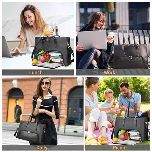 BERTASCHE Laptop Tote Bag with Insulated Lunch Compartment, 15.6 Inch PU Leather Work Bag Computer Briefcase for Women, Waterproof Laptop Shoulder Handbag for Business,Office,Work, Black