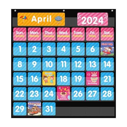 REGELETO Large 44 Pockets Calendar Pocket Chart for Classroom with 85 Cards, Size:25¡± X 24¡± Monthly Calendar and Weather Black Pocket Chart for Kids Learning for Home or Kindergarten (44 Pockets)