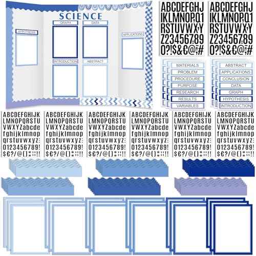 92 Pcs Science Fair Board Supplies 60 Trim Scalloped Poster Boards 18 Presentation Subtitles 6 Project Titles 8 Letter Sticker for Classroom Display Boards(Blue Tone)