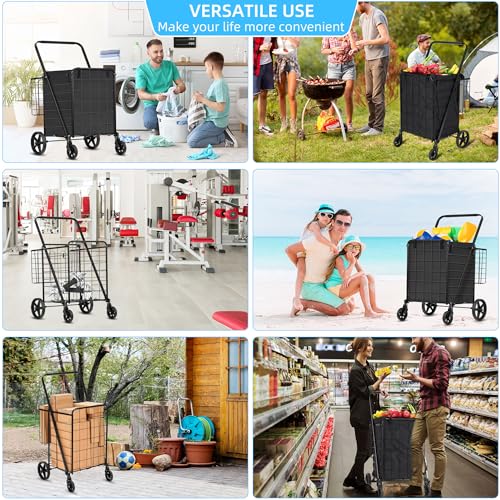 HABUTWAY Grocery Cart on Wheels with Removable Liner, Folding Shopping Cart,Heavy Duty Shopping Carts for Groceries,360¡Æ Rolling Laundry Cart,Lightweight Trolley for Seniors 220lb Capacity Black