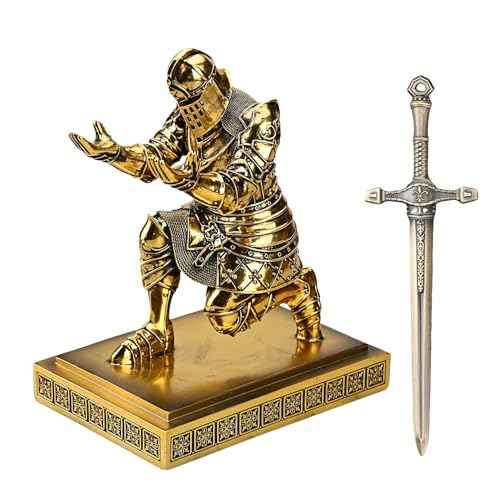 King's Guard Knight Pen Holder Pen Stand Desk Organizers and Accessories Resin Pencil Holder as Gift with a Metal Sword Letter Opener for Office and Home (Bronze(Plating))