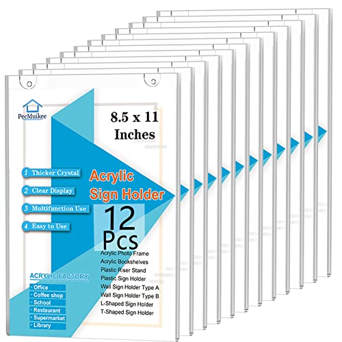 PecMuikee Acrylic Sign Holder 8.5x11, Wall Mount Acrylic Sign Holder and Plastic Paper Display Ad Frame bonus with 3M Tape and Mounting Screws for Restaurants, Office, Market, Library, Store, 12 Pcs