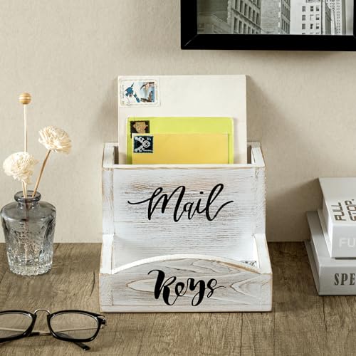 MyGift Shabby Whitewashed Solid Wood Mail Holder and Key Organizer Entryway Storage Tray with Cursive Mail and Keys Word Design, Office Desktop Organizing Bin