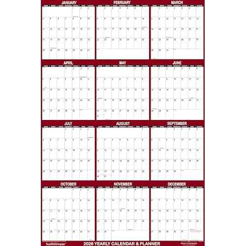 24" x 36" SwiftGlimpse 2026 Wall Calendar Erasable Large Wet & Dry Erase Laminated 12 Month Annual Yearly Wall Planner, Reversible, Horizontal/Vertical, Maroon