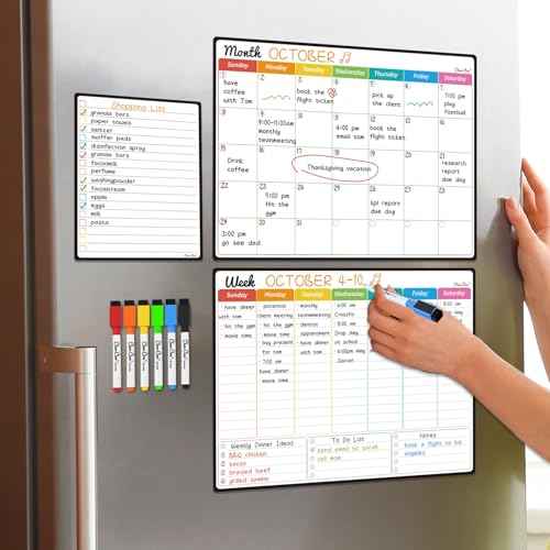 Magnetic Dry Erase Monthly Calendar Set - 14.5"x11" Monthly and Weekly Calendar, 6.5"x8.5" List Board for Fridge - 6 Extra Fine Point Markers Included - Shipped Flat