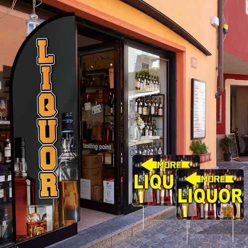 Liquor Feather Flag Pole Kit Include 7 ft Banner Flag with Poles 5 Pcs Liquor Drink Yard Signs and 10 Pcs Ground Stake for Bar Drink Business Outside Advertising Market Store