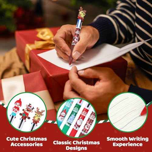 120 Pieces Christmas Multicolor Pens All In One 4-in-1 Ballpoint Pen 0.5mm Christmas Retractable Pen Santa Snowman Reindeer Writing Pens for Xmas Students School Office Coworker Supplies Gifts