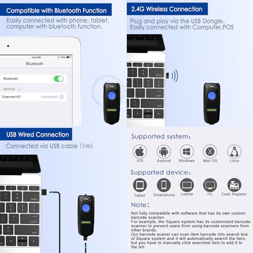 NADAMOO 1D Dark Blue Wireless Barcode Scanner with Bluetooth & 2.4G USB, Portable CCD Reader for iPhone iPad Android Windows Mac