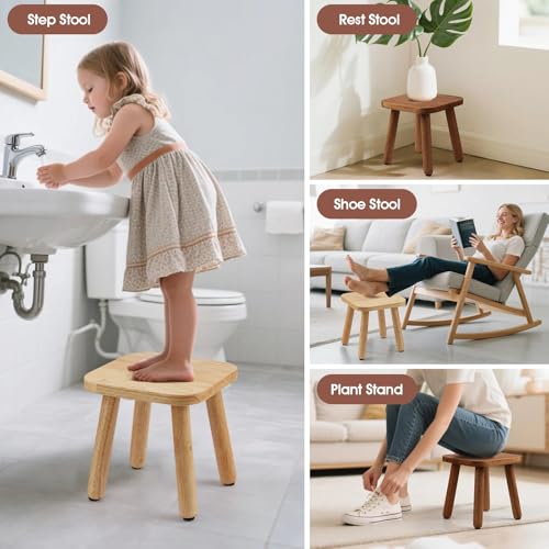 Slirike Walnut Small Wooden Step Stool 9.3" – 300 lbs, Tool-Free Assembly