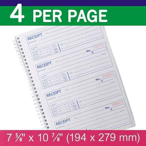 Money and Rent Receipt Book 2-Part Carbonless 7-5/8" x 11" Spiral Bound 200 Sets per Book 4 Receipts per Page(1pack)