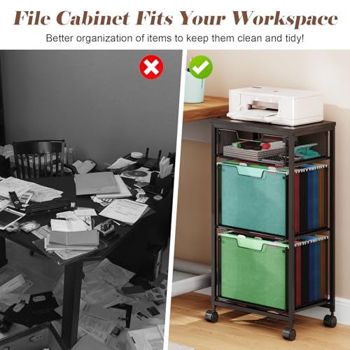 Sbanmao 3-Drawer Mobile File Cabinet with Locking Wheels - Hanging File Folders, Printer Stand, Black (1 Small + 2 Large Drawers)