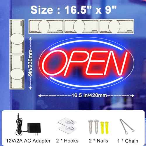 16.5" X 9" Led Neon Open Signs for Business 12V/2A Ultra Bright Led Neon Open Signs Plug In Electric Light Up Open Sign with ON/OFF Switch for Bar Salon Coffee Stores Club Hotel (Oval)
