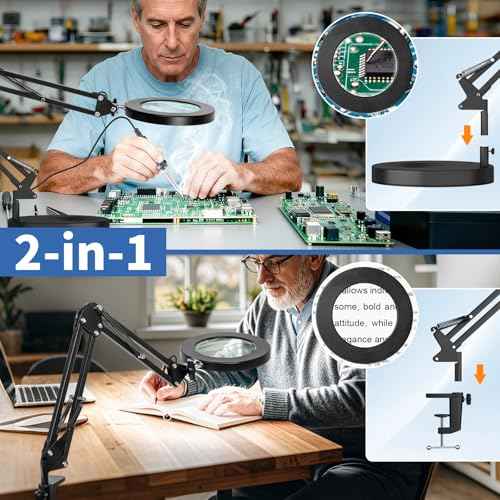 HITTI 10X Magnifying Glass with Light, 1,800 Lumens Stepless Dimmable, 3 Color Modes, 4.2¡È Real Glass Lens LED Magnifying Desk Lamp & Clamp, Magnifier Light and Stand for Crafts Welding Close Work