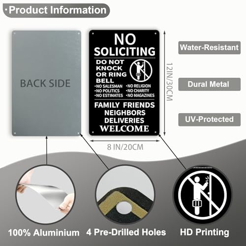 CUDIG Black & White Aluminum No Soliciting Sign for House Front Door 8x12 Inches - Do Not Knock or Ring Doorbell