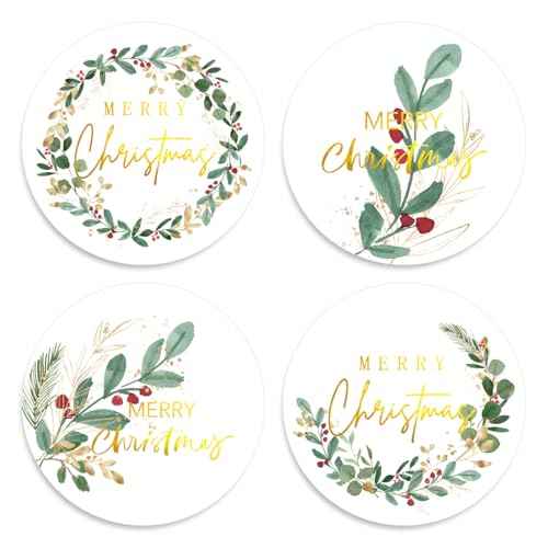 Whaline 1000Pcs Merry Christmas Gold Foil Stickers Roll Holly Berry Watercolor Seal Stickers Xmas Greenery Self-Adhesive Decals for Envelope Journal Party Decor, 4 Designs