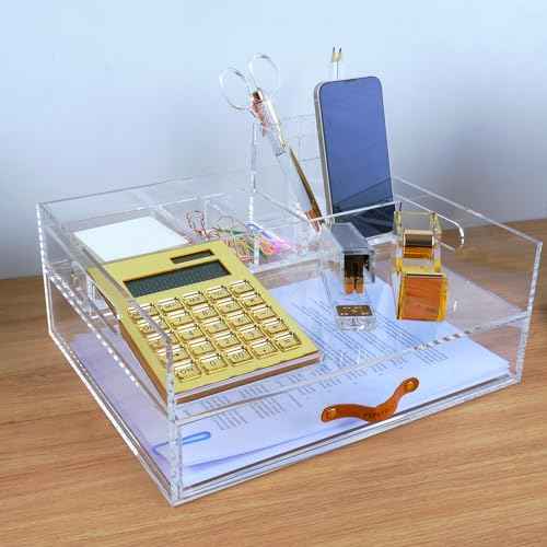 Acrylic Desk Organizer Drawer + Inbox with Letter Tray 12.6¡± x 10.6¡± x 5¡±, A4 Size, Clear