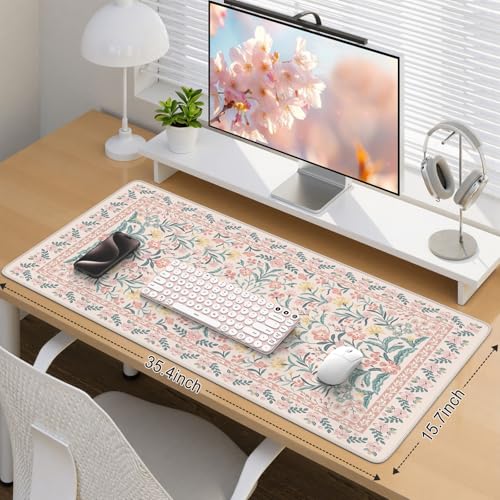 iCasso Pink Floral Desk Mat & Mouse Pad 35.4x15.7in - Office & Gaming Decor