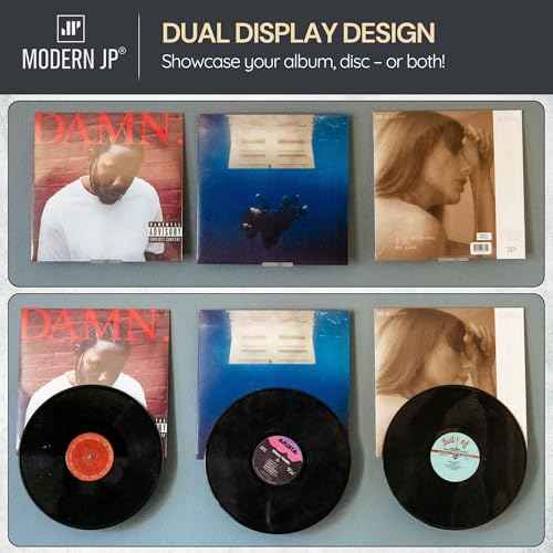 Modern JP Adhesive Vinyl Wall Mount (4-Pack) ? Dual Display Album and Disc, Strong Hold Record Holder Wall, Record-Safe Easy Installation, Album Wall Mount for 1LP and 2LP ? Clear