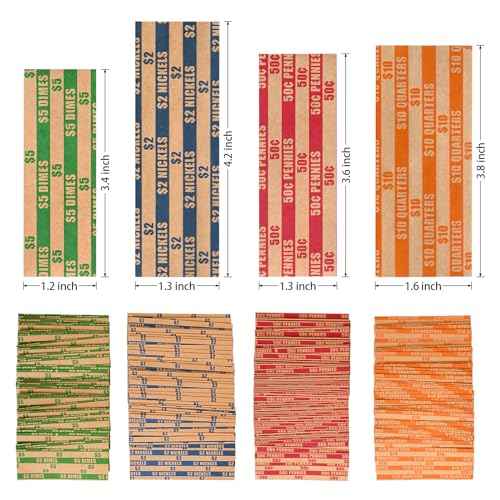 ESSENTIAL 200 Pcs Assorted Packed Flat Stripped Coin Wrappers, Coin Rolls Wrapper for Quarters, Dimes, Nickels, Pennies