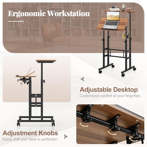 Giantex Mobile Standing Desk, Portable Stand Up Desk Adjustable Height with Wheels, Tilting Tabletop & Hanging Hooks, Home Office Computer Workstation
