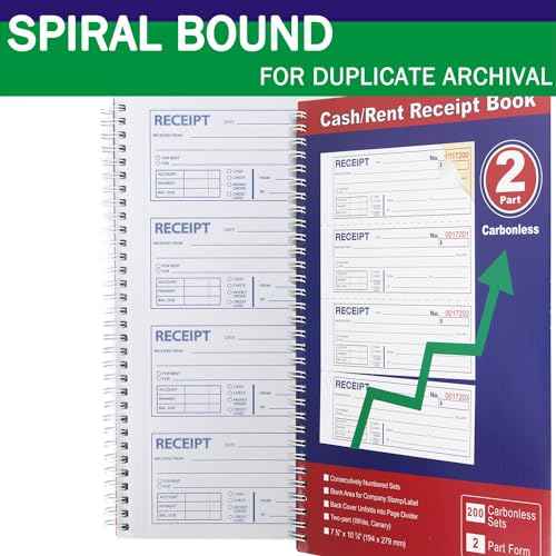 Money and Rent Receipt Book 2-Part Carbonless 7-5/8" x 11" Spiral Bound 200 Sets per Book 4 Receipts per Page(1pack)
