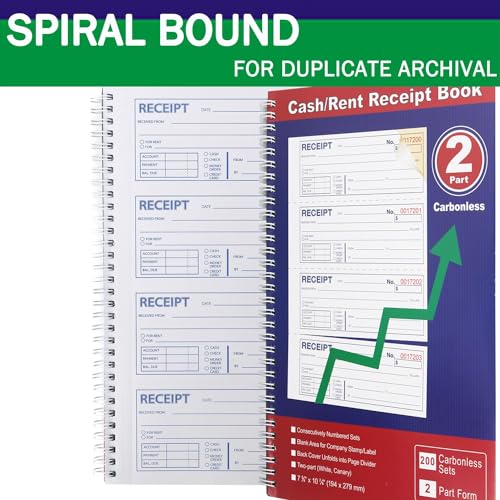 Gimehome Money and Rent Receipt Book 2-Part Carbonless Spiral Bound 7-5/8" x 11" - 1 Pack, 200 Sets