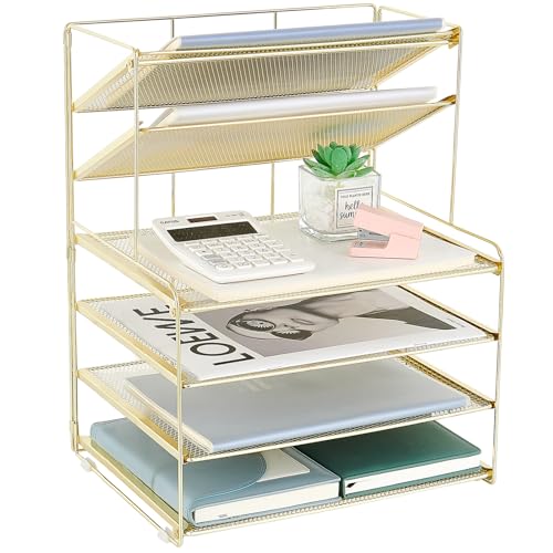 6-Tier Letter Tray Paper Organizer, Desk Organizers and Accessories, Desktop File Organizer, Office Desk Accessories for Office Supplies (Gold)