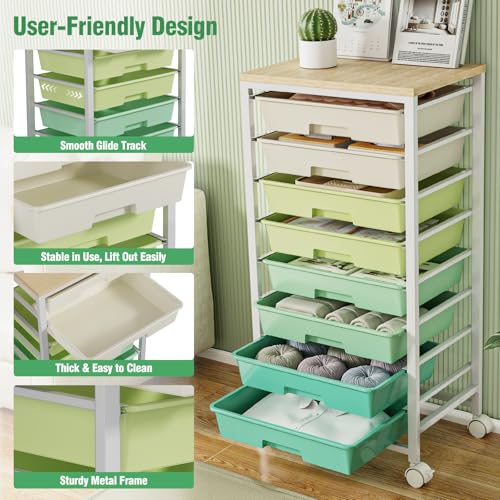 Rolling Storage Cart with 8 Drawers & Wooden Tabletop, Utility Cart with Wheels for Craft Storage, Home, School, Bedroom, Living Room, Dorm, Office, Classroom, Art Supply Storage Organizer Cart, Green