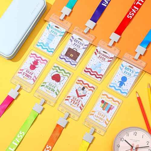 Ctosree 8 Sets Unbreakable Hall Pass Lanyards and School Passes Set with Clear Protection Case Cute Classroom Supplies for Classroom Elementary Middle School Restroom Library Office