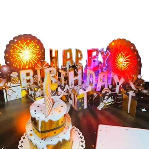 Ribbli Birthday Cards, Firework Pop Up Card with Light and Music, Musical Birthday Card for Men Women, 8.2 x 5.7 Inches with Envelope