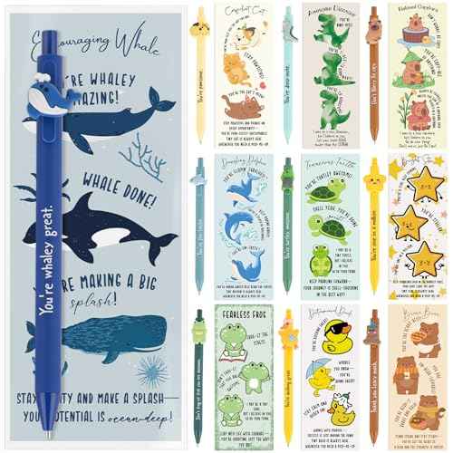 Eersida 100 Set Inspirational Ballpoint Pens Bulk Funny Animal Cute Pens Employee Appreciation Gifts with Positive Bookmarks for Coworkers Teacher Nurse Team Staff Christmas
