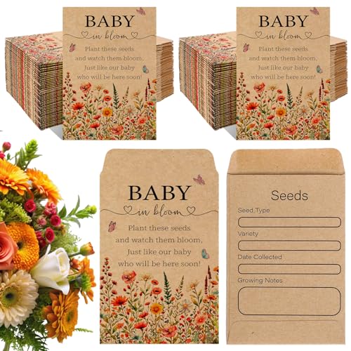 Baby Shower Wildflower Seed Packets - 100 Self-Adhesive Kraft Envelopes for Party Favors