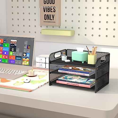 Samstar 3 Tier Letter Tray Paper Organizer with Handle, Mesh Desk Organizer Paper Sorter File Rack Shelves, Black