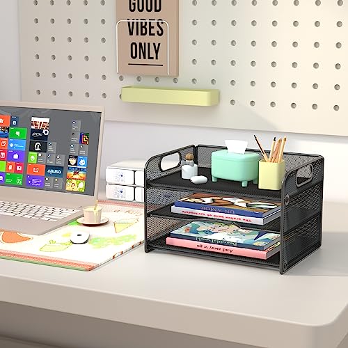 Black 3-Tier Mesh Letter Tray Organizer with Handles - Pack of 1