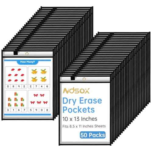Ndsox 50 Packs Oversized Dry Erase Pockets Reusable Plastic Sleeves Clear Job Ticket Holders Heavy Duty Transparent Hanging Sheet Protectors for Teacher Classroom School Office Work Warehouse, Black