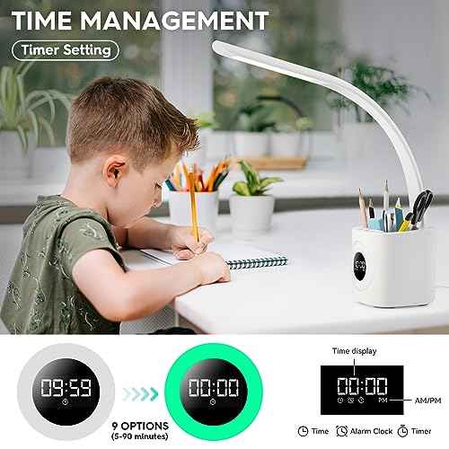 Hokone Desk Lamp for Kids, LED Desk Light for Home Office Dimmable USB Table Lamps with Clock Pen Holder Adjustable Desk Lamps with Color Night Lamp,Children's Christmas Gifts White