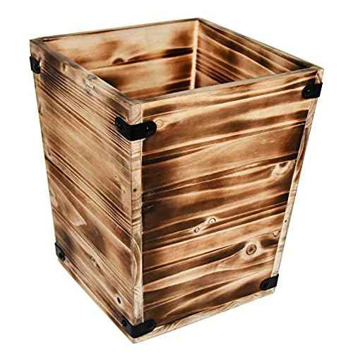 Owlgift Decorative Rustic Burnt Wood Trash Can, Farmhouse Stylish Wooden Waste Basket Near Desk, Square Garbage Cans Trashcan with Metal Brackets for Office, Bedroom & Bathroom