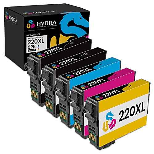 Hydra Remanufactured Ink Cartridge Replacement for Epson 220 220XL High Yield (2 Black, 1 Cyan, 1 Magenta, 1 Yellow, 5-Pack) for XP-320, XP-420, XP-424, WF-2630, WF-2650, WF-2660, WF-2750, WF-2760