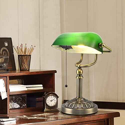 Green Glass Bankers Desk Lamp, Vintage Desks Lamp with USB Charging Port, Traditional Banker's Lamp, Mid Century Desk Lamp Pull Chain for Home Office Library