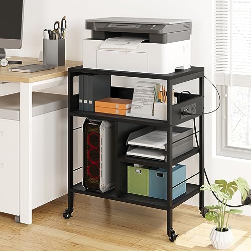 GarveeHome Printer Stand, Large Printer Stand with Wheels, 4 Tier Office Rolling Cart with Charging Station, Mobile Printers Table Paper File Organizer, Tall Printers Table for Home Office,Retro Black