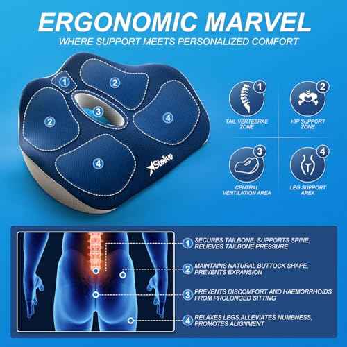 Memory Foam Seat Cushion Butt Support Pillow Office Chair Car Seat Cushion Coccyx Cushion Orthopedic Pillow Removable Cover for Tailbone and Coccyx Pain Relief (Blue, Grey)