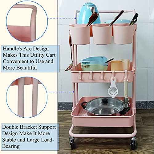 3 Tier Utility Rolling Cart Storage Organizer Shelf Rack with 3PCS Hanging Cups + 8PCS Hooks + 2PCS Storage Box for Home Office Kitchen Bathroom (Pink 3 Cup+8 Hook+2 Storage Box)