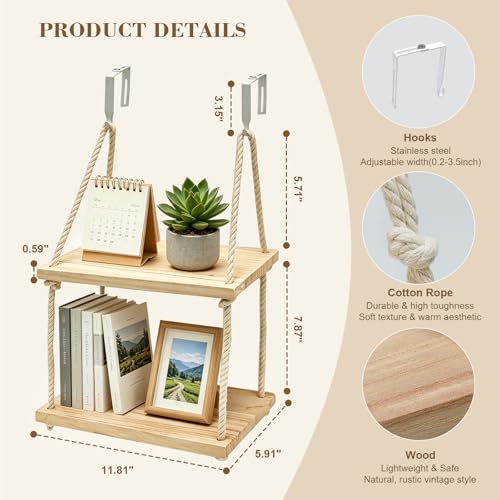 Natural Wood 2-Tier Cubicle Shelf with Hooks - Office Organizer & Wall Mount