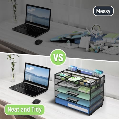 Docnest 5 Tier Mesh Desk Organizer- Letter Tray with Adjustable Compartments, Mesh Desktop Storage Built in Pen Holder and Handles, Desk Organizer Tray for Mail Documents Office Supplies-Black